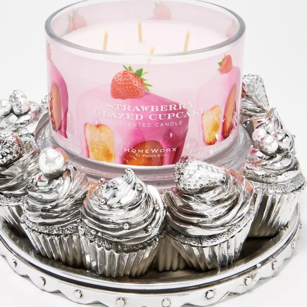 HomeWorx Strawberry Glazed Cupcake Candle with Silver Holder